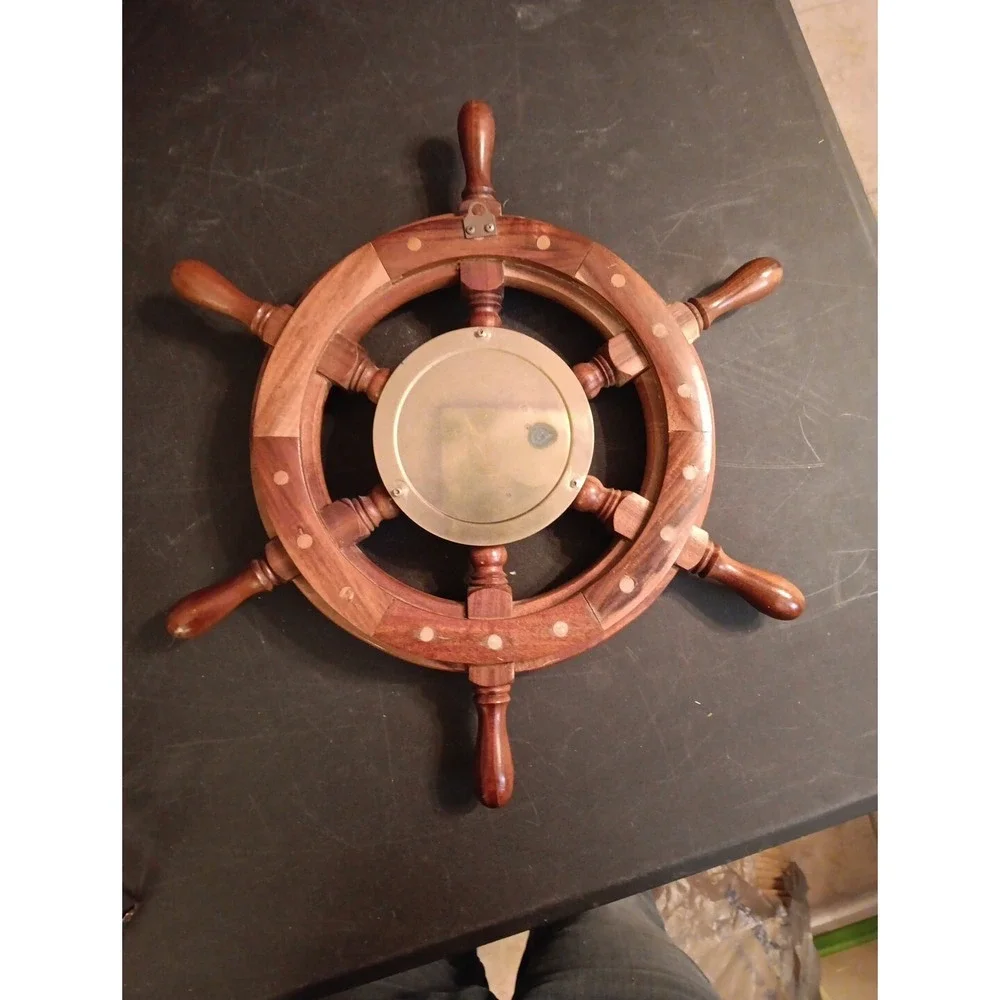 Vintage Nautical Wooden Ships Wheel Wall Clock Brass Quartz Maritime Decor
